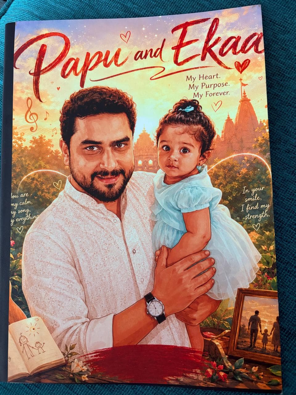 A personalised illustrated book cover, 'Papu and Ekaa', showing a father holding his daughter.